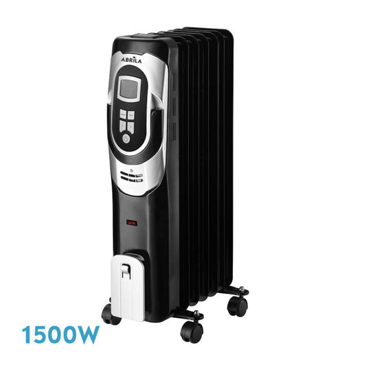 Radiador de aceite portátil Confort 1500W negro y plata de Abrila, con ruedas, termostato regulable y temporizador 24h para calefacción interior doméstica eficiente y segura.