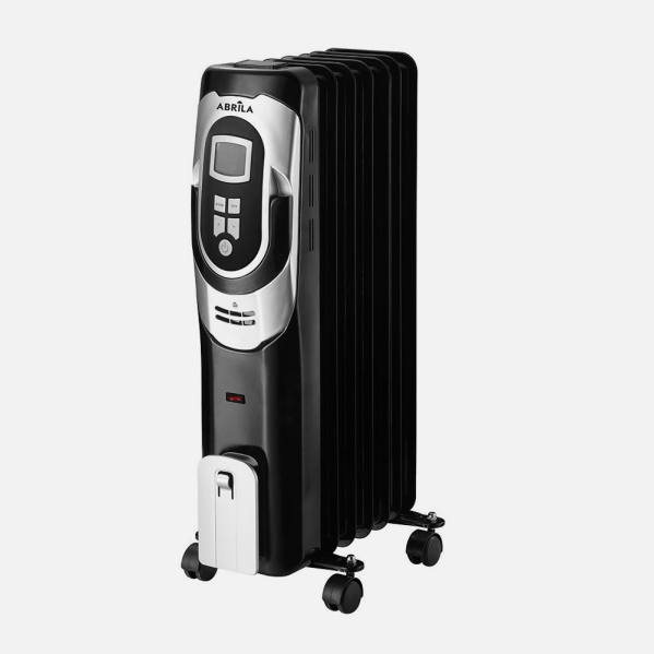 Radiador de aceite portátil Confort 1500W negro y plata de Abrila con ruedas, temporizador 24h y termostato regulable para calefacción interior doméstica eficiente.