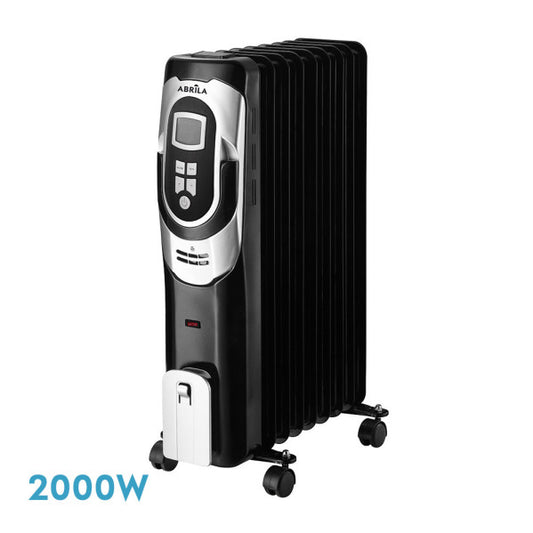Radiador de aceite eléctrico Confort 2000W negro y plata de Abrila modelo 198432009, con temporizador y termostato regulable para calefacción doméstica interior.