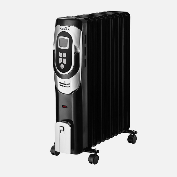 Radiador de aceite Confort 2500W negro y plata de Abrila con temporizador 24h y termostato regulable para calefacción interior doméstica eficiente.