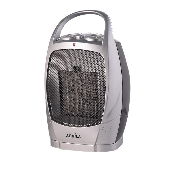 Termoventilador cerámico 1500W negro y plata Abrila modelo AI2 con función oscilante, bajo consumo y calefacción portátil para uso doméstico interior.