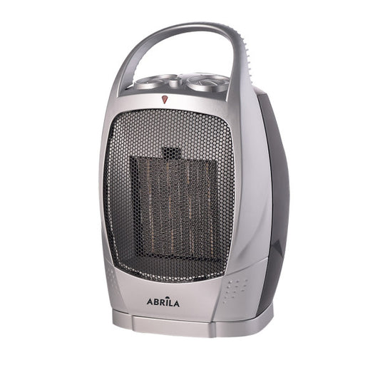 Termoventilador cerámico 1500W negro y plata Abrila modelo AI2 con función oscilante, bajo consumo y calefacción portátil para uso doméstico interior.