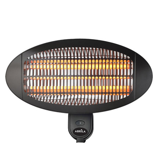 Calefactor exterior de cuarzo Austral 2000W negro de Abrila, modelo AI2 con montaje en pared orientable, resistente al agua IP34 para uso interior y exterior doméstico.