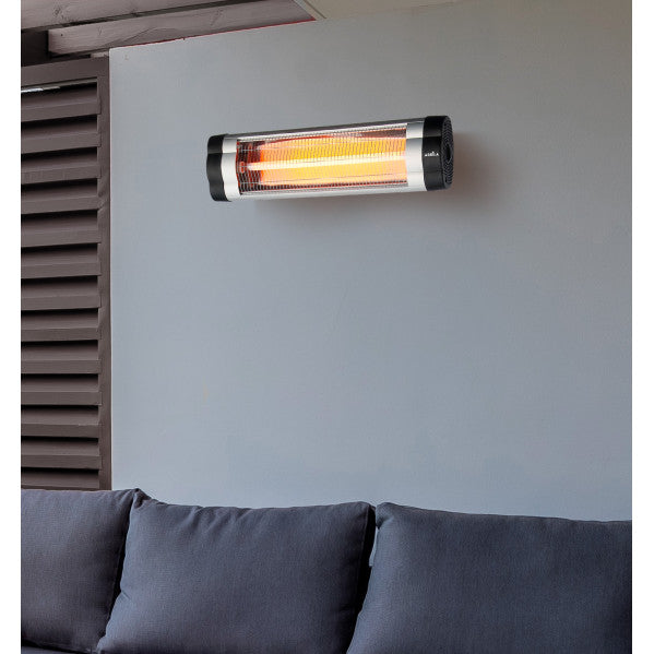 Calefactor exterior de cuarzo Austral 1500W negro y cromo de Abrila, modelo AI2 con calefacción infrarroja, termostato regulable e IP34 para terrazas y garajes.