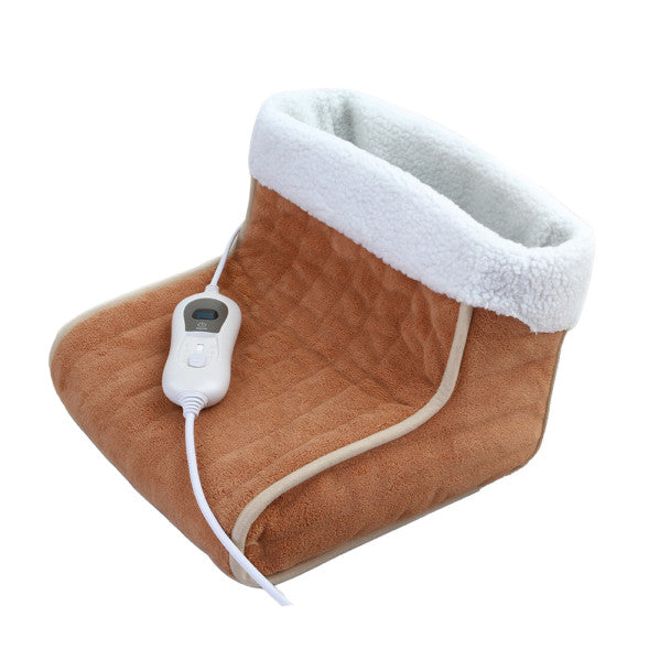 Calientapiés eléctrico Relax 100W de Abrila en color camel y blanco, modelo 199810302, con calefacción textil AI2 lavable para ahorro de energía en uso doméstico interior.