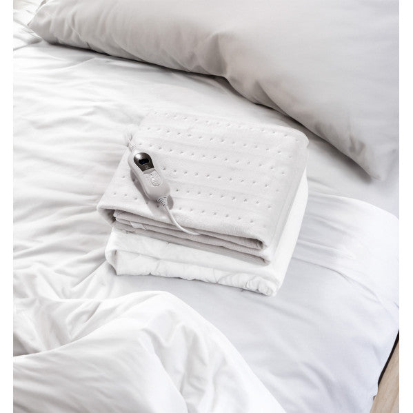 Calientacamas eléctrico Bienestar blanco de Abrila, 60W con autoapagado AI2, ahorro de energía, calefacción textil lavable en poliéster para uso doméstico interior