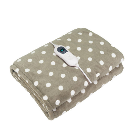 Manta eléctrica Pinilla Lunares Marrón de Abrila, diseño textil calefactable en poliéster blanco y marrón con patrón de lunares, ideal para ahorro de energía, relajación muscular y calefacción doméstica lavable. Modelo 199931302.