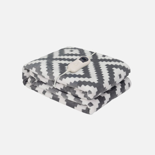 Manta eléctrica tejida étnica en gris y blanco de Abrila, 120W, con diseño textil lavable en poliéster, autoapagado AI2 para ahorro de energía, calefacción doméstica segura y cómoda.
