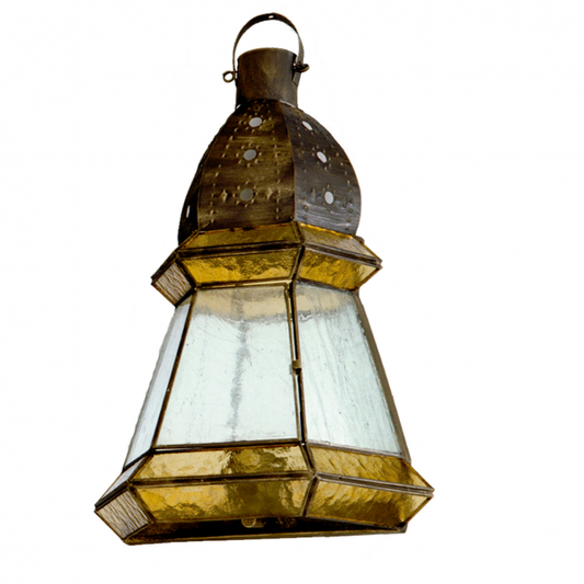 Aplique rústico grande de pared Ambarina en cuero y ámbar, modelo 2.664-AMBAR de Abrila, dimensiones 42x30x14 cm, ideal para decoración interior doméstica con estilo califal, fabricado en metal, cristal y artesanía rústica.