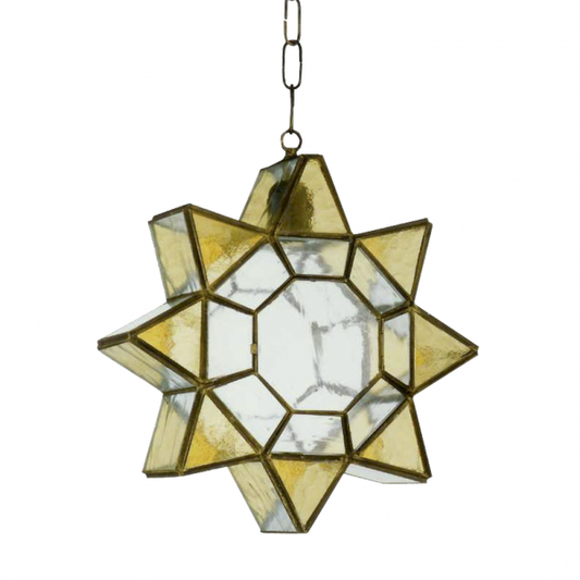 Colgante estrella ámbarina de cuero y ámbar artesanal Abrila, diseño rústico con arte califal en metal y cristal para decoración e iluminación doméstica interior, modelo 2.960-AMBAR
