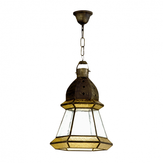 Colgante grande Ambarina de cuero y ámbar 30x30cm Abrila 2.964-AMBAR, lámpara colgante rústica de artesanía en metal, cristal y ámbar para decoración interior doméstica