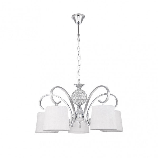 Lámpara clásica de techo Bogota 5xE14 en cromo blanco por Abrila, diseño vintage de metal, cristal y textil para iluminación interior en salón o dormitorio, uso doméstico elegante (modelo 201555020)