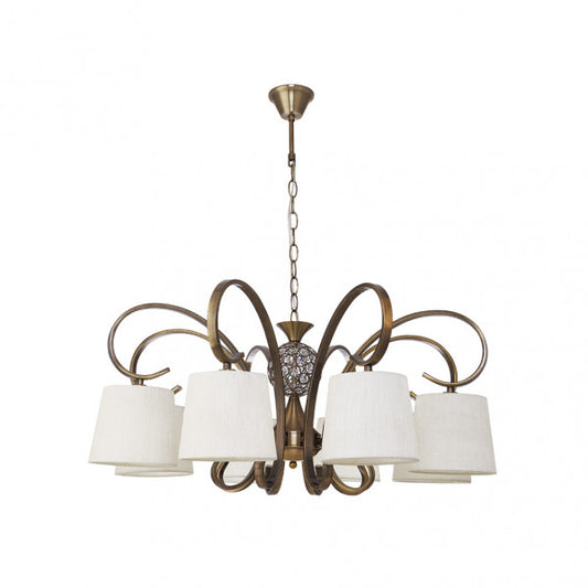 Lámpara clásica Bogotá 8xE14 en cuero beige de Abrila, diseño vintage con metal, cristal y textil para iluminación general doméstica e interiores.