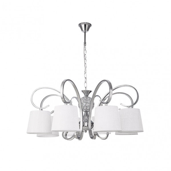 Lámpara clásica Bogotá de Abrila en acabado cromo y blanco con 8 casquillos E14, diseño vintage de metal y cristal para decoración interior en dormitorio o salón