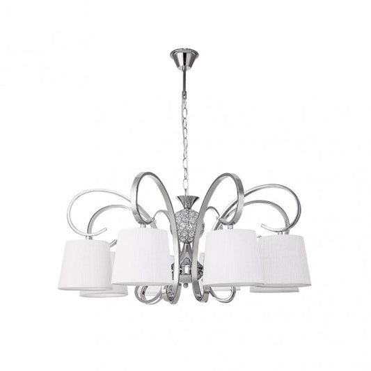 Lámpara clásica Bogotá de Abrila en acabado cromo y blanco con 8 casquillos E14, diseño vintage de metal y cristal para decoración interior en dormitorio o salón