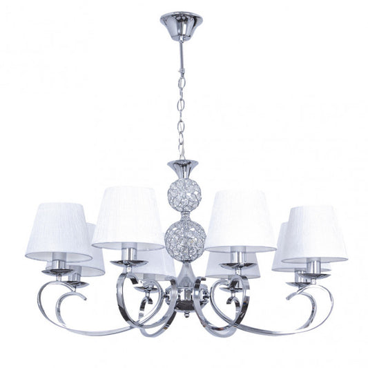 Lámpara Ordoñez 8xe14 en cromo con pantalla blanca textil de Abrila, iluminación interior clásica doméstica de metal y cristal, ocho luces regulables en altura, modelo 201658020