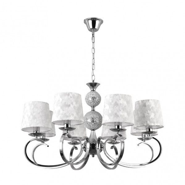 Lámpara de techo Ubeda clásica de Abrila en cromo y blanco con 8 casquillos E14, diseño de cristal y metal para decoración interior, modelo 201758020