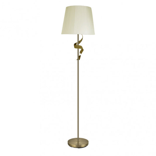 Lámpara de pie Baeza con estructura de cuero y pantalla beis textil, diseño vintage clásico de Abrila para decoración interior doméstica, modelo 201941014 en tonos beige y metal.