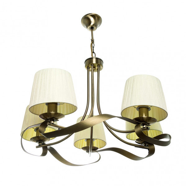 Lámpara de techo Baeza de 5 luces en cuero beige, diseño vintage clásico de Abrila con estructura de metal textil para decoración interior elegante (modelo 201955014).