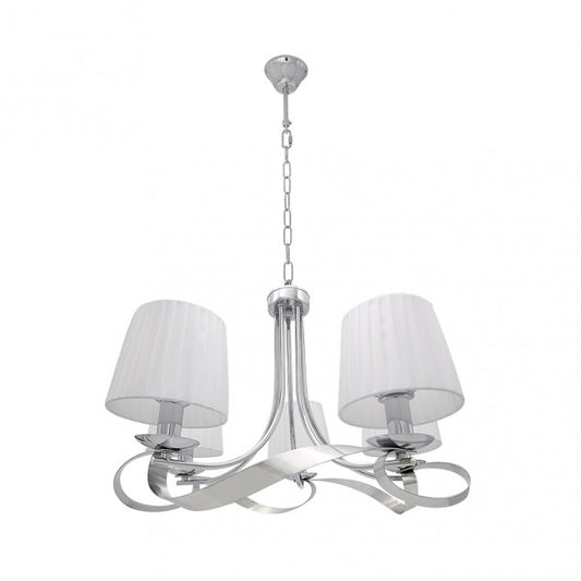 Lámpara de techo Baeza con 5 luces E14 en acabado cromo, pantalla blanca textil, diseño clásico vintage para salón o comedor interior de Abrila modelo 201955020
