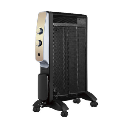 Radiador de mica Abrigo 1500W negro y oro de Abrila, modelo portátil con función AI2 y antivuelco para calefacción doméstica interior de bajo consumo.