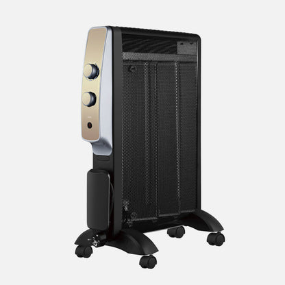 Radiador de mica portátil Abrigo 1500W en negro y oro de Abrila, con protección antivuelco y bajo consumo para calefacción doméstica interior.