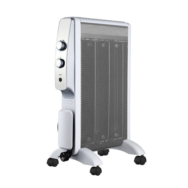 Radiador de mica portátil Abrigo 1500W en blanco y plata de Abrila, con ahorro de energía AI2 y protección antivuelco para calefacción eficiente en interiores domésticos.