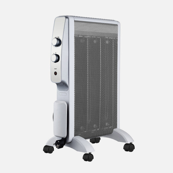 Radiador de mica portátil Abrigo 1500W de Abrila en blanco y plata, con ahorro de energía, protección antivuelco y diseño AI2 para calefacción eficiente en interiores domésticos