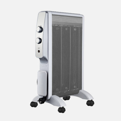 Radiador de mica portátil Abrigo 1500W de Abrila en blanco y plata, con ahorro de energía, protección antivuelco y diseño AI2 para calefacción eficiente en interiores domésticos