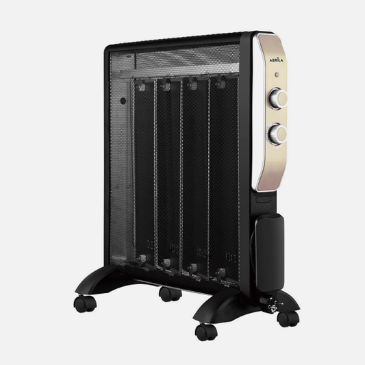 Radiador de mica abrigo 2000W negro y oro de Abrila modelo AI2 para calefacción eléctrica doméstica interior, fabricado en metal policarbonato y mica con diseño elegante negro/oro, eficiente calefactor eléctrico de 2000W para radiadores de mica en hogares.