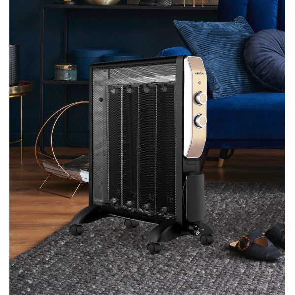 Radiador de mica abrigo 2000W negro y oro de Abrila modelo 202012016, calefactor eléctrico doméstico de metal, policarbonato y mica para calefacción interior AI2