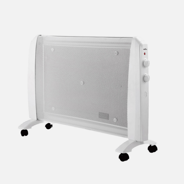 Radiador de mica abrigo portátil 2000W blanco Abrila con termostato regulable, protección antivuelco y calefacción eficiente para interiores domésticos.