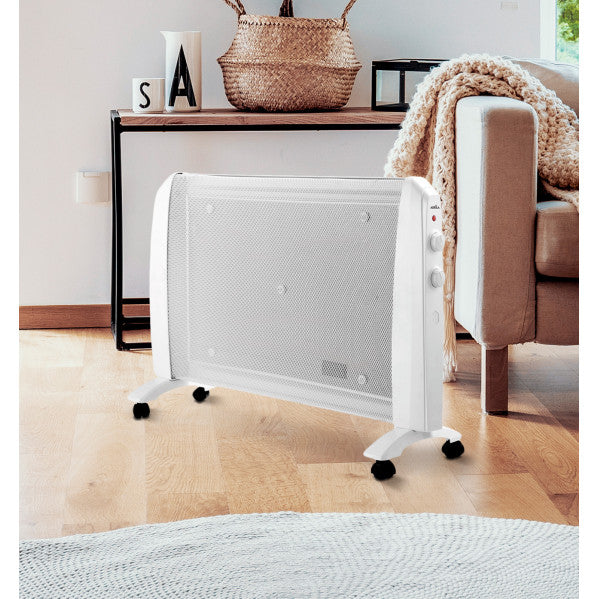 Radiador de mica Abrigo 2000W blanco de Abrila modelo 202032001, calefactor eléctrico portátil con termostato regulable, sistema antivuelco y diseño AI2 para calefacción segura en interiores domésticos.