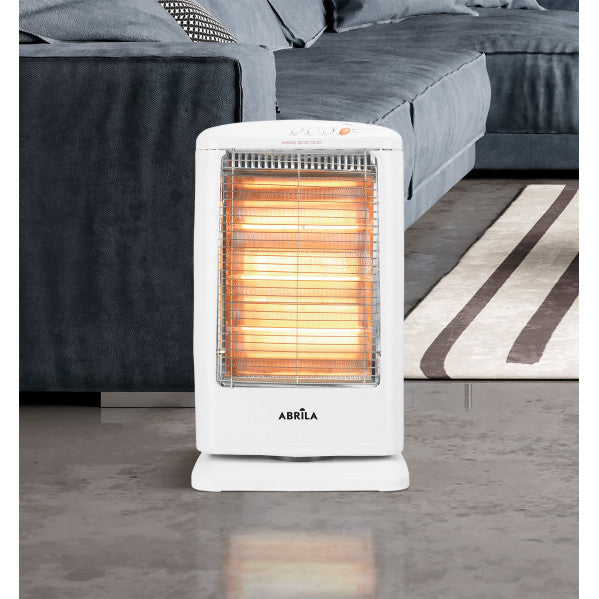 Estufa eléctrica candente Abrila de 1200W en blanco, modelo oscilante con función antivuelco, ideal para calefacción doméstica interior y uso portátil en hogares.