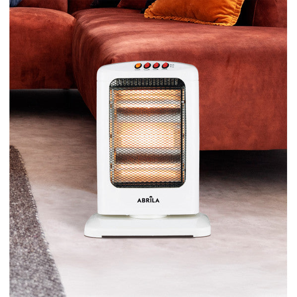 Estufa eléctrica Candente de 1200W en color blanco, modelo oscilante y portátil de Abrila (AI2), con función antivuelco para uso doméstico e interior seguro.