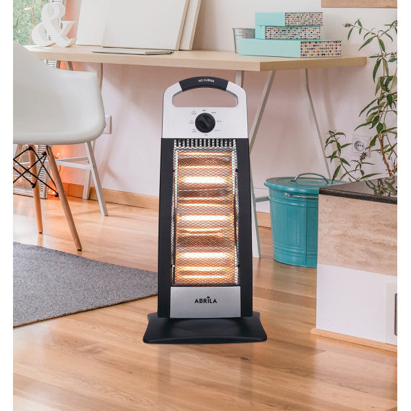 Estufa eléctrica Candente 1200W Abrila en negro y plata, modelo 202331278 con función oscilante, antivuelco y portátil para calefacción doméstica.