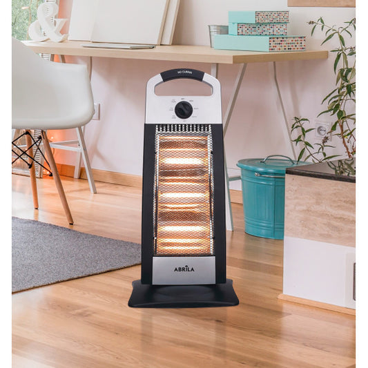 Estufa eléctrica Candente 1200W Abrila en negro y plata, modelo 202331278 con función oscilante, antivuelco y portátil para calefacción doméstica.