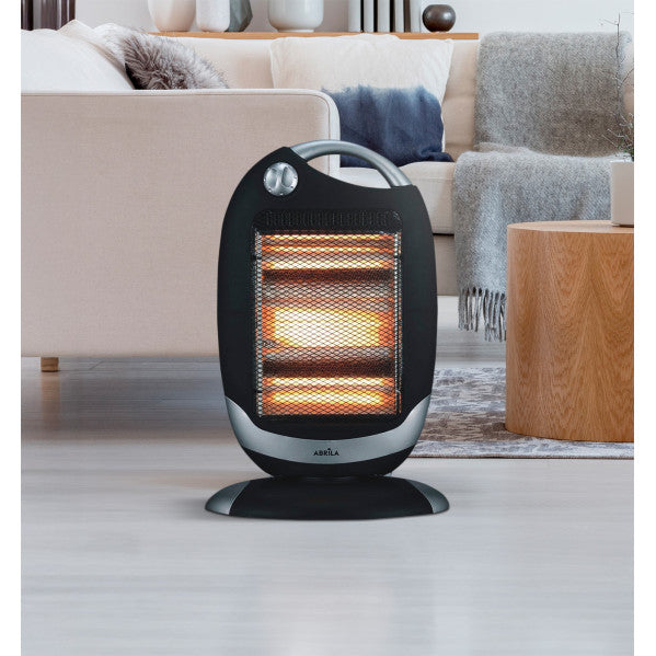 Estufa eléctrica Candente de 1200W en negro y plata, modelo Abrila 202351278, calefactor portátil oscilante con protección antivuelco para interior doméstico, fabricada en metal, ABS, policarbonato y cristal.