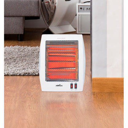 Estufa eléctrica portátil de cuarzo ígneo 800W blanco Abrila, con protección anti-vuelco para calefacción doméstica interior segura.