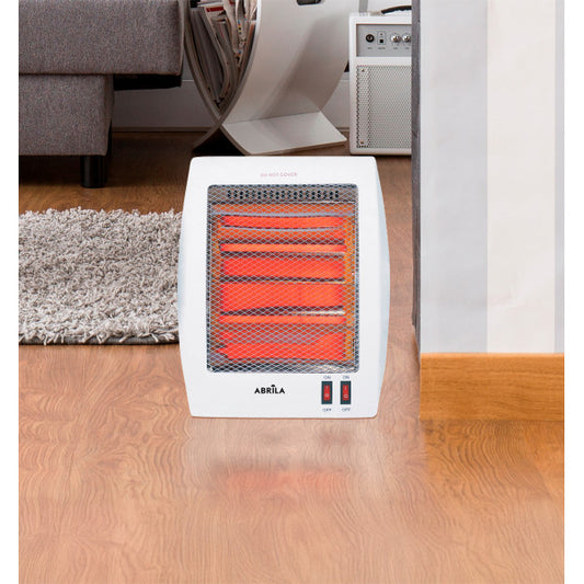 Estufa eléctrica portátil de cuarzo ígneo 800W blanco Abrila, con protección anti-vuelco para calefacción doméstica interior segura.