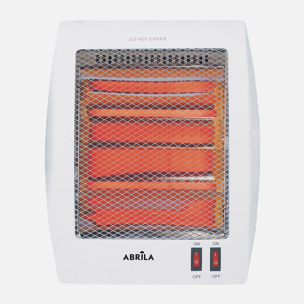 Estufa eléctrica de cuarzo ígneo Abrila 800W en color blanco, modelo 202410801 con protección anti-vuelco, ideal para calefacción doméstica portátil en interiores.