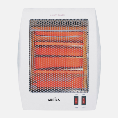 Estufa eléctrica de cuarzo ígneo Abrila 800W en color blanco, modelo 202410801 con protección anti-vuelco, ideal para calefacción doméstica portátil en interiores.