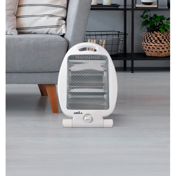 Estufa eléctrica de cuarzo ígneo 800W blanco Abrila 202420801, calefacción portátil para interior con protección antivuelco y diseño ignífugo seguro para uso doméstico.