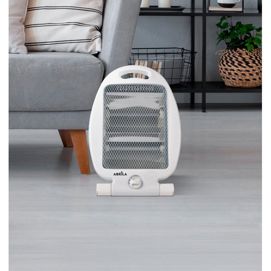 Estufa eléctrica de cuarzo ígneo 800W blanco Abrila 202420801, calefacción portátil para interior con protección antivuelco y diseño ignífugo seguro para uso doméstico.