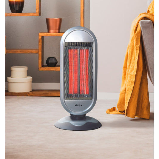 Estufa eléctrica Fulgor de 900W en color negro y plata, modelo portátil y oscilante con tecnología de carbono, ideal para calefacción doméstica interior, con función antivuelco y marca Abrila AI2.