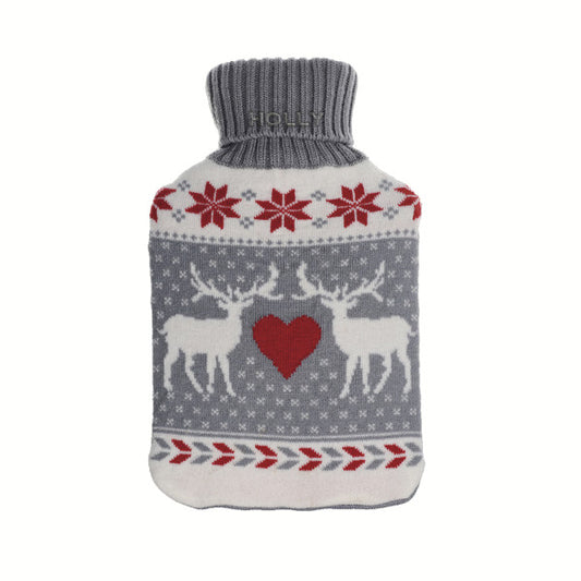 Bolsa de agua caliente Mimo 1.7L gris y rojo con diseño de renos navideños, modelo Abrila para calefacción textil doméstica, interior y exterior, fabricada en caucho textil suave y segura.