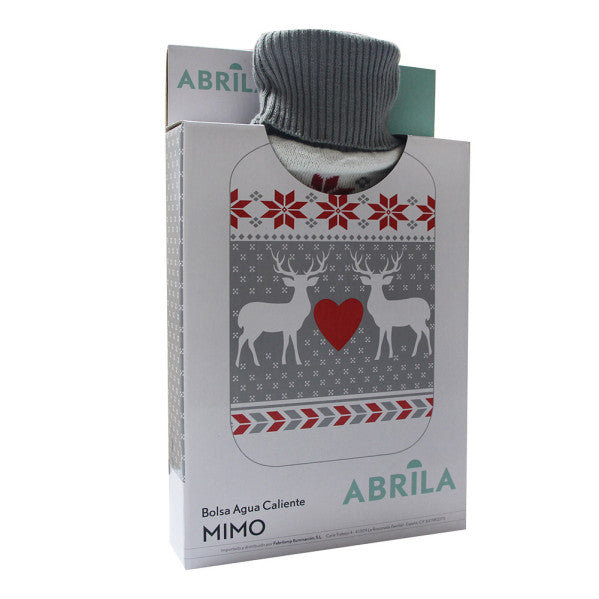 Bolsa de agua caliente Mimo 1.7L gris y rojo con diseño de renos navideños de Abrila, ideal para calefacción textil doméstica en interior y exterior, fabricada en caucho textil.