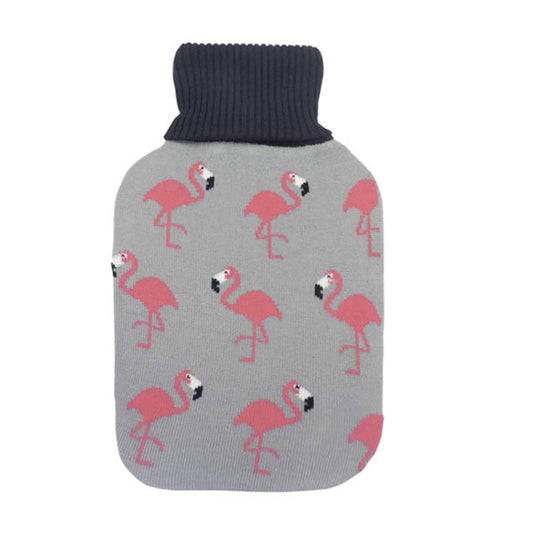 Bolsa de agua caliente Mimo de 1,7L en gris con diseño de flamencos, marca Abrila, para alivio térmico y calefacción textil en caucho textil, ideal para uso doméstico interior y exterior