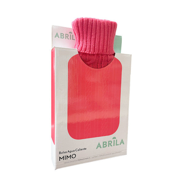Bolsa de agua caliente Mimo de 1.7L en color rosa con funda de jersey suave de Abrila, modelo 202828400, ideal para alivio de dolores musculares, calefacción textil flexible en caucho para uso doméstico interior y exterior.