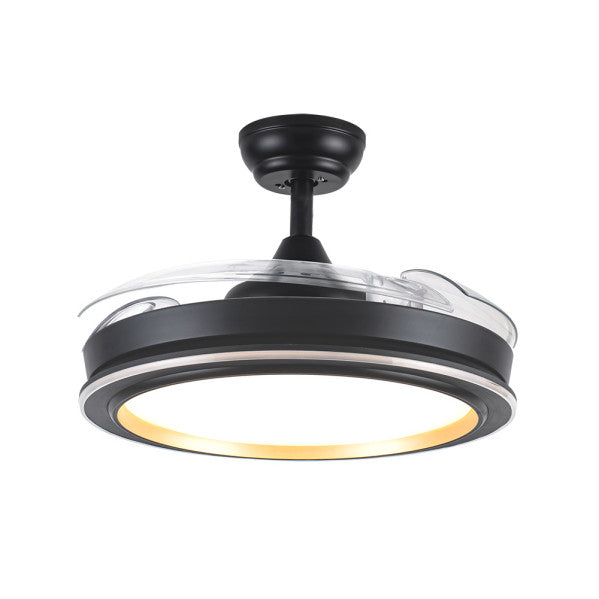 Alt Text: Ventilador de techo Picolo negro y oro de Abrila con aspas retráctiles, modelo 206491309. Ahorra energía gracias a su motor DC y LED integrado. Diseñado para uso interior doméstico y presenta tecnología AI2 para un funcionamiento eficiente.